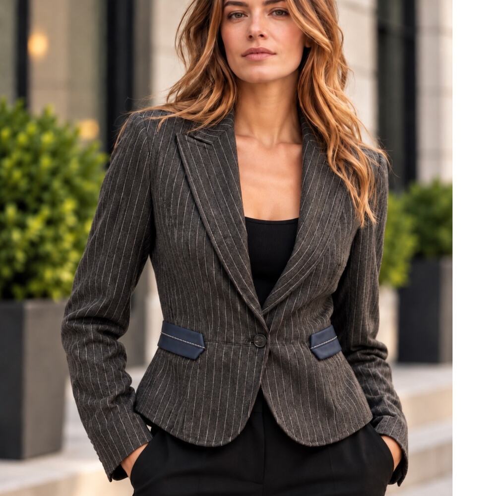 Theory Barker Gray Denim Pin Striped One Button Blazer, 0/XS, Like New